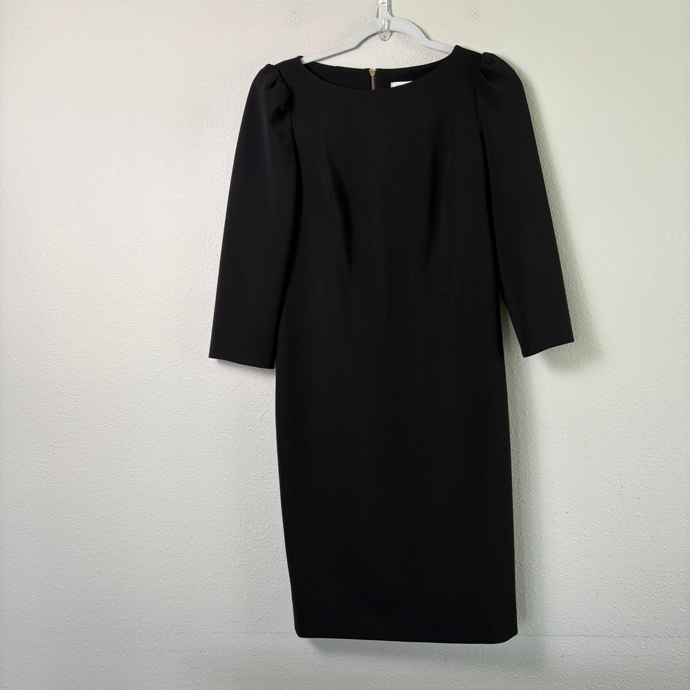 Calvin Klein Sheath Dress Size 8 Black Puff 3/4 Sleeve Gold Zip Career Cocktail
